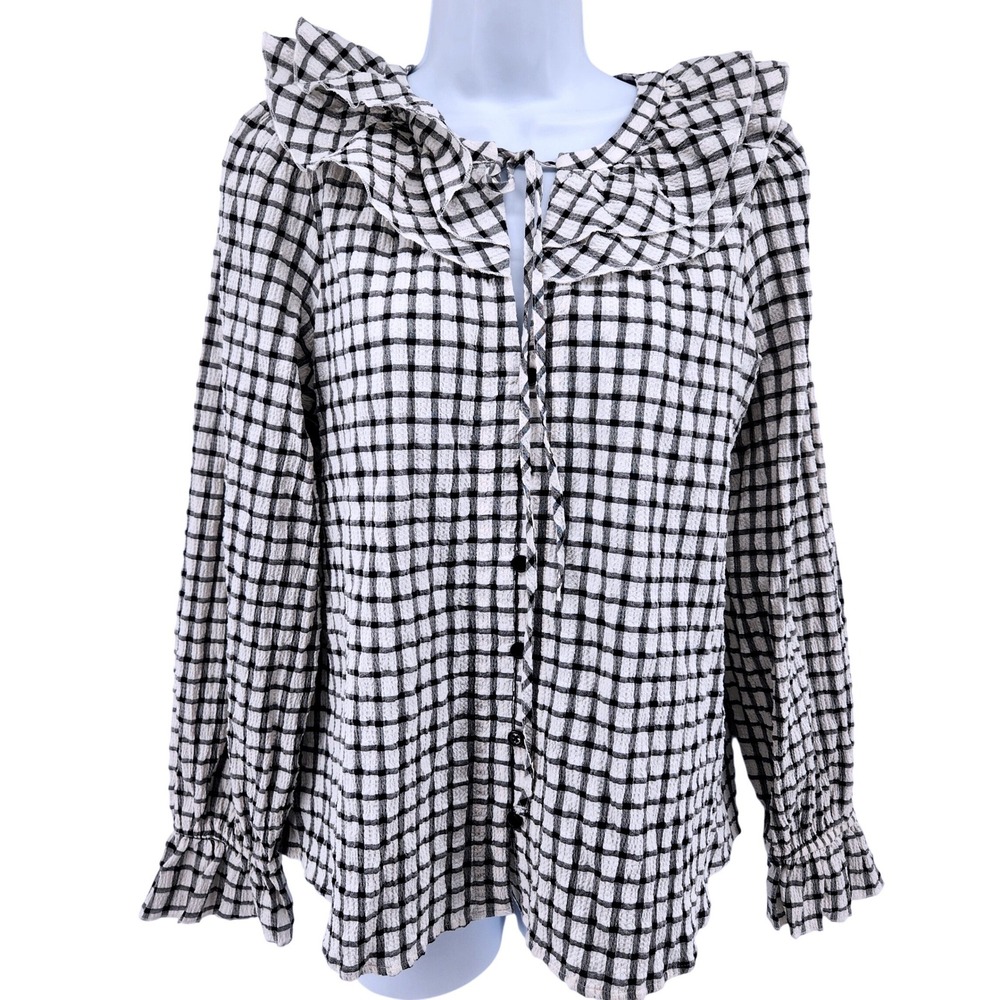 Maeve Anthropologie Blouse M Black White Gingham Seersucker Ruffle Peplum